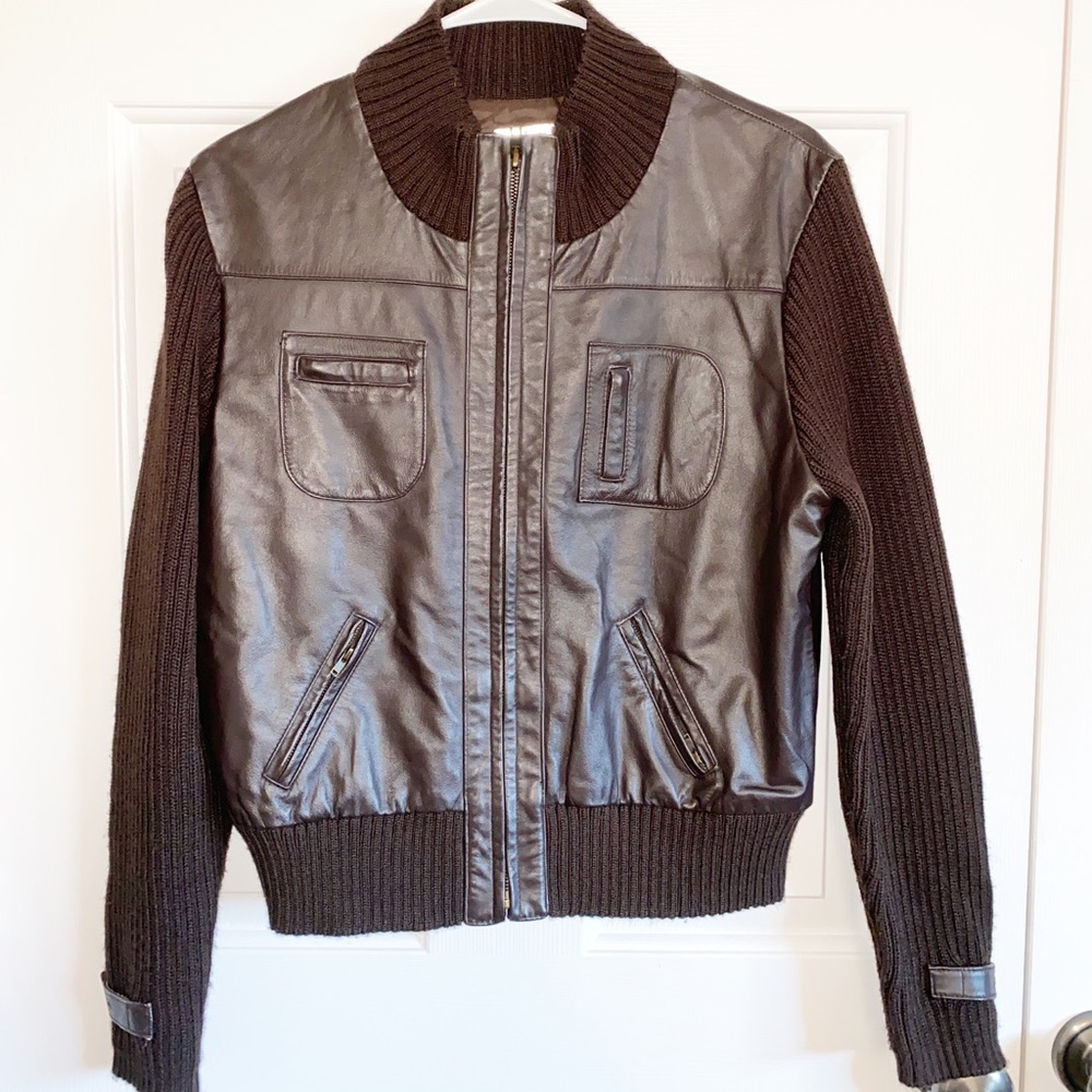 Leather Jacket w/knit sweater sleeves